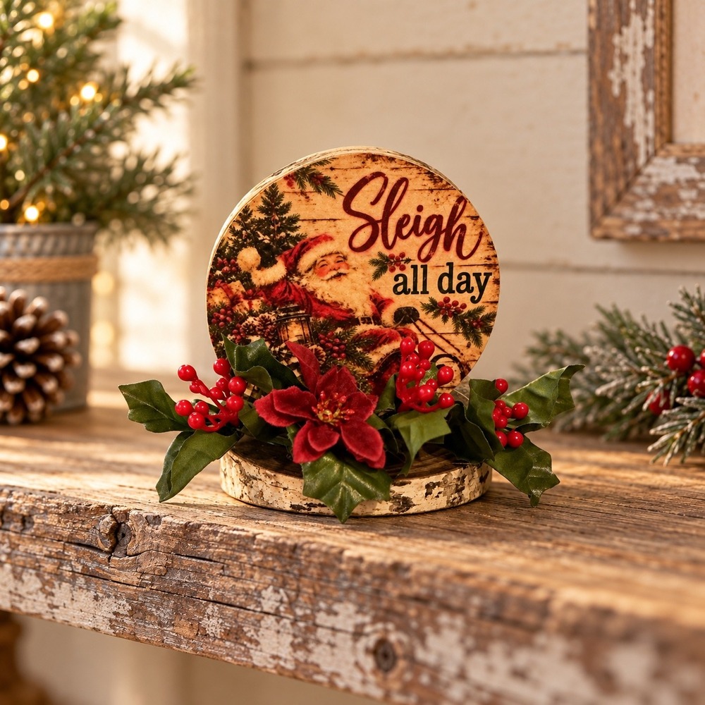 Handmade Rustic Wood Slice Christmas Decor Sleigh All Day Vintage Santa 4.75in